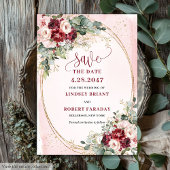 Invitation Romantic Boho Deep Red Blush Gold Floral Save It