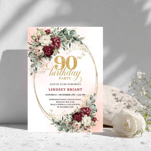 Invitation Romantic Boho Deep Red Flowers Gold 90th Birthday
