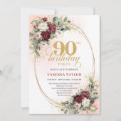 Invitation Romantic Boho Deep Red Flowers Gold 90th Birthday (Devant)