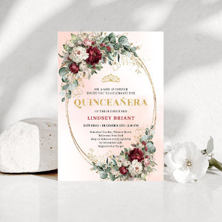 Invitation Romantic Boho Deep Red Flowers Gold Quince Invite