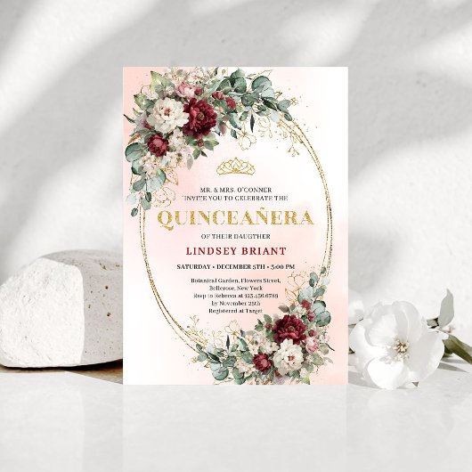 Invitation Romantic Boho Deep Red Flowers Gold Quince Invite