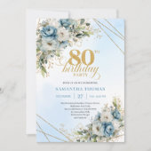 Invitation Romantic Boho Dusty Blue Floral Gold 80th Birthday (Devant)