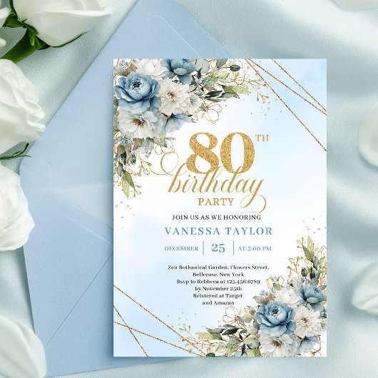 Invitation Romantic Boho Dusty Blue Floral Gold 80th Birthday