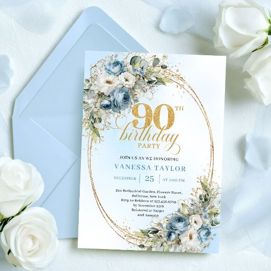 Invitation Romantic Boho Dusty Blue Flowers 90th Birthday
