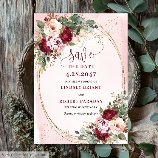 Invitation Romantic Boho Maroon Blush Gold Flowers Save Date