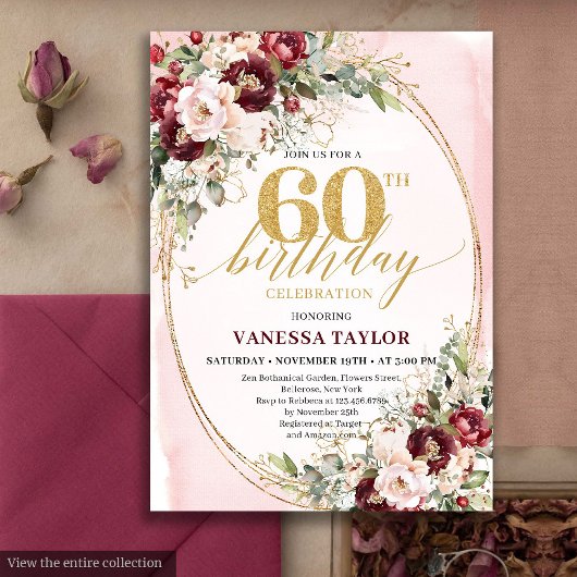 Invitation Romantic Boho Marsala Gold Floral 60th Birthday