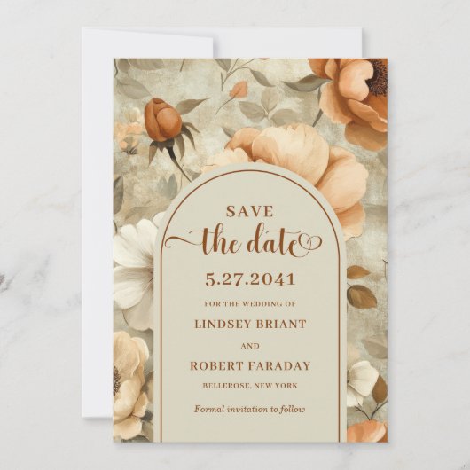 Invitation Romantic Boho Rust Ivory Floral Save The Date (Devant)