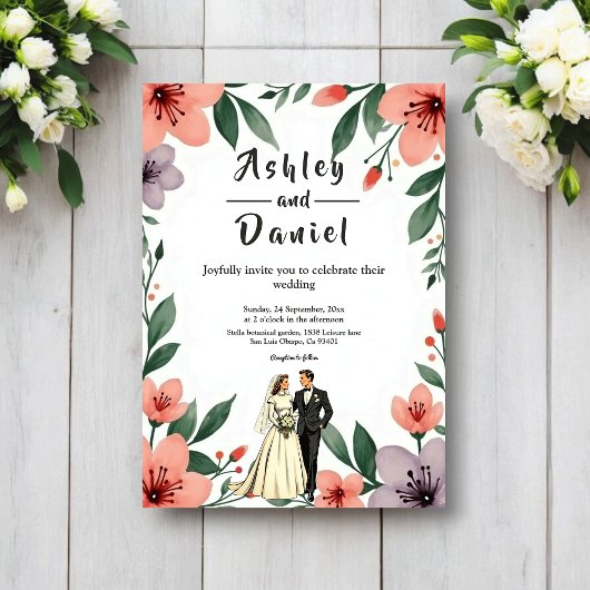 Invitation Romantic Bride And Groom Floral Garden Wedding