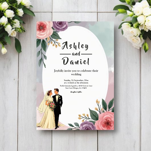 Invitation Romantic Bride And Groom Watercolor Floral Wedding