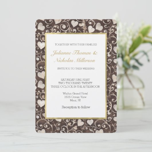 Invitation Romantic Brown Cream Hearts Wedding (Debout devant)