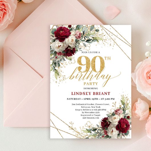 Invitation Romantic Burgundy and White Floral 90th Birthday