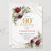 Invitation Romantic Burgundy and White Floral 90th Birthday (Devant)