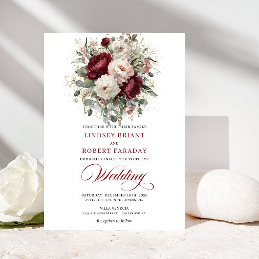 Invitation Romantic Burgundy and White Flowers Wedding Invite
