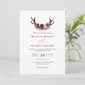 Invitation Romantic Burgundy Floral Antlers QR Code Wedding (Debout devant)