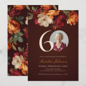 Invitation Romantic Burgundy Floral Photo 60th Birthday (Devant / Derrière)