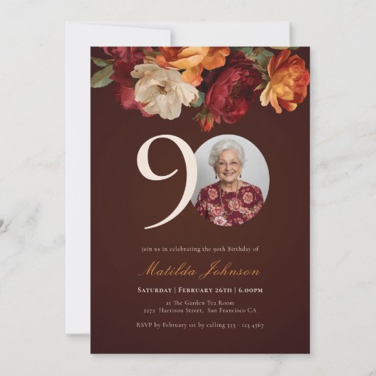 Invitation Romantic Burgundy Floral Photo 90th Birthday (Devant)