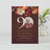 Invitation Romantic Burgundy Floral Photo 90th Birthday (Debout devant)