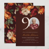 Invitation Romantic Burgundy Floral Photo 90th Birthday (Devant / Derrière)