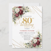 Invitation Romantic Burgundy Flowers Greenery Gold 80th Birth (Devant)