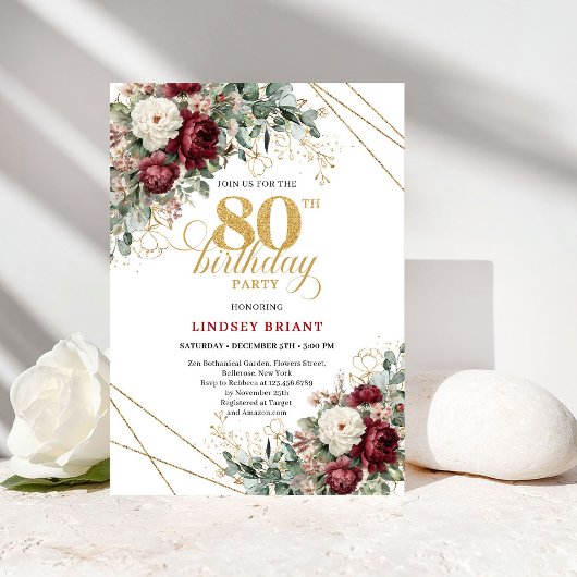 Invitation Romantic Burgundy Flowers Greenery Gold 80th Birth