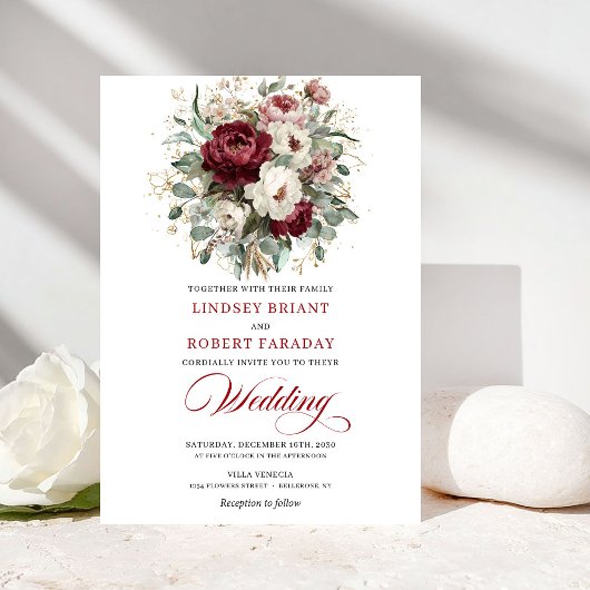 Invitation Romantic Burgundy White Floral Eucalyptus Wedding 