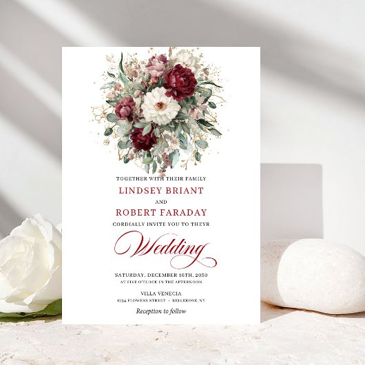 Invitation Romantic Burgundy White Floral Gold Wedding Invite