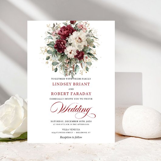 Invitation Romantic Burgundy White Gold Frame Wedding Invite