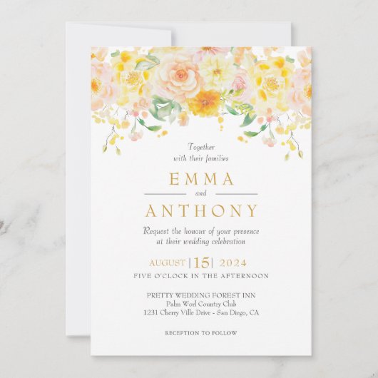 Invitation Romantic Butter Yellow Floral QR Code Wedding (Devant)