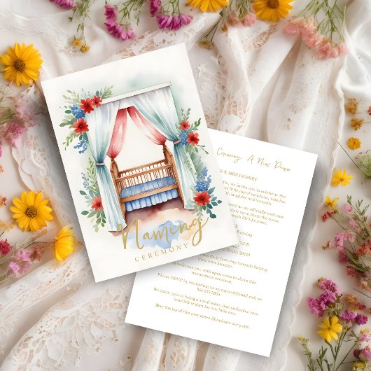 Invitation Romantic Cheerful Watercolor Crib Naming Ceremony