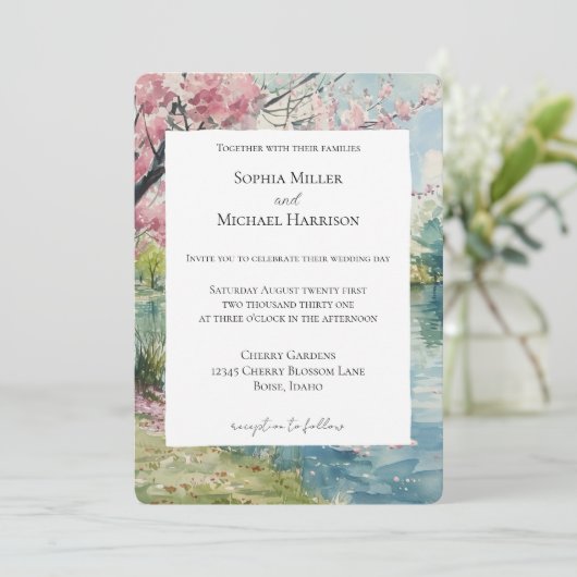 Invitation Romantic Cherry Blossom Floral Lake Wedding (Debout devant)