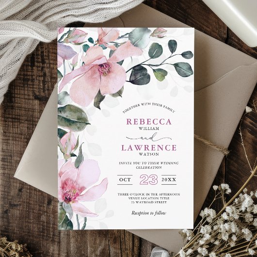 Invitation Romantic chic rose rose mariage botanique