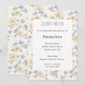 Invitation Romantic Cream Floral Blue Leaves Birthday (Devant / Derrière)