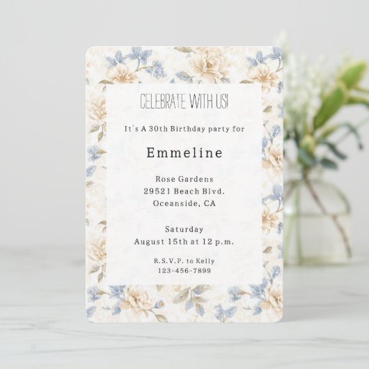 Invitation Romantic Cream Floral Blue Leaves Birthday (Debout devant)