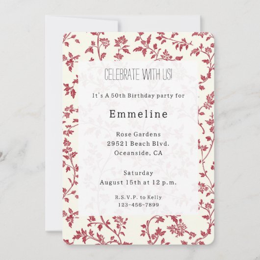 Invitation Romantic Cream Red Leaves Birthday (Devant)