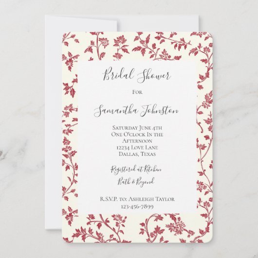 Invitation Romantic Cream Red Leaves Bridal Shower (Devant)