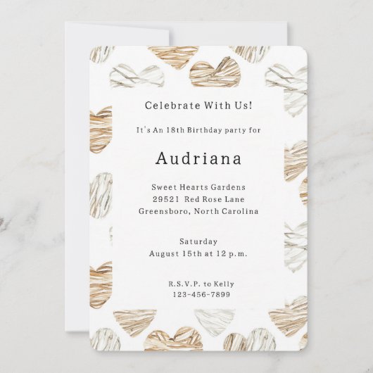 Invitation Romantic Cream White Hearts Birthday (Devant)