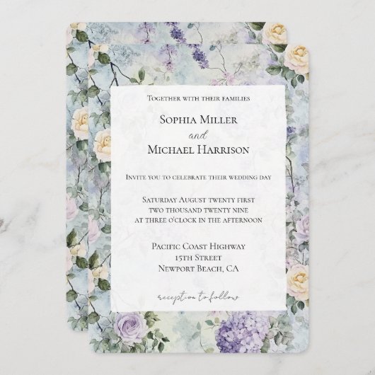 Invitation Romantic Crème fleurs violet Mariage (Devant / Derrière)