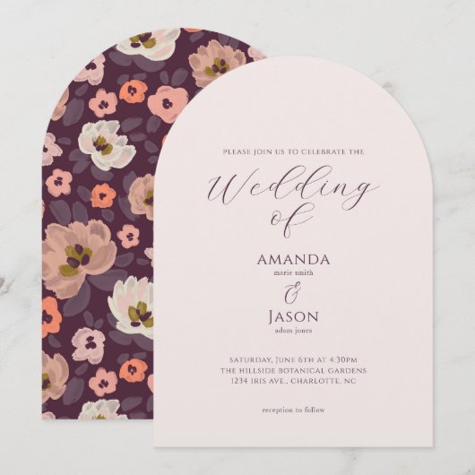 Invitation Romantic dark plum purple fall floral wedding (Devant / Derrière)