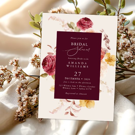 Invitation Romantic Deep Burgundy Floral Bridal Shower