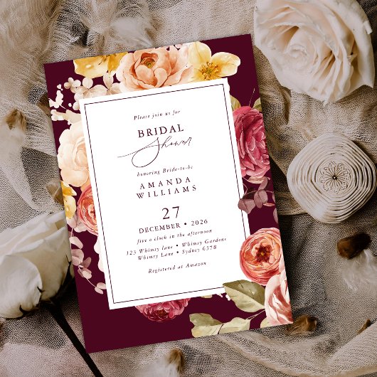 Invitation Romantic Deep Burgundy Floral Bridal Shower