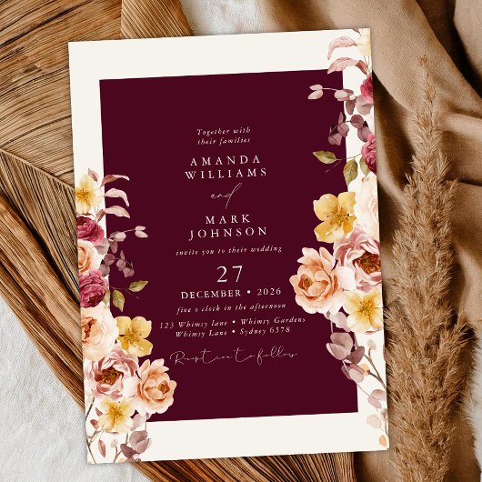 Invitation Romantic Deep Burgundy Floral Elegant Wedding