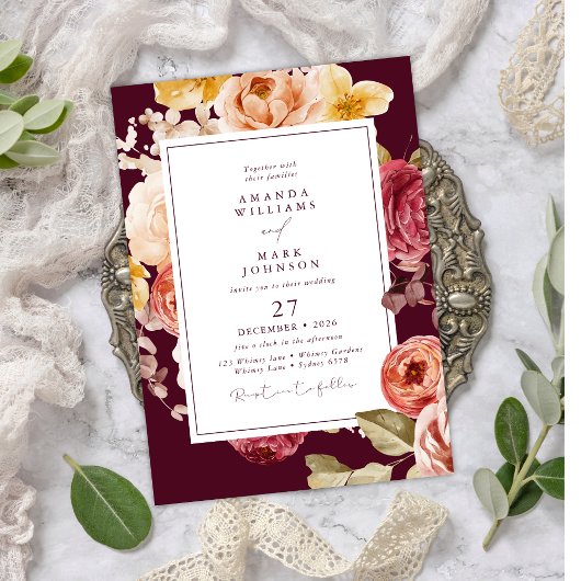 Invitation Romantic Deep Burgundy Floral Elegant Wedding 