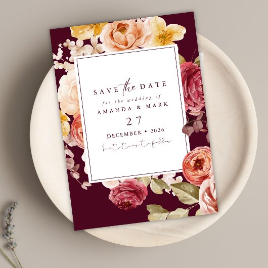Invitation Romantic Deep Burgundy Floral Save the date  