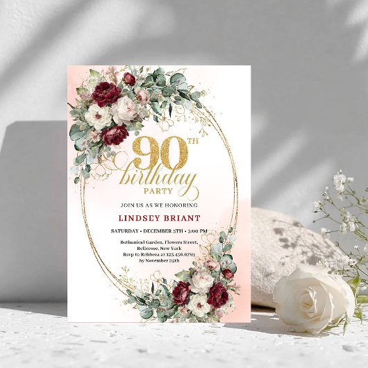 Invitation Romantic Deep Red Floral Gold 90th Birthday Invite