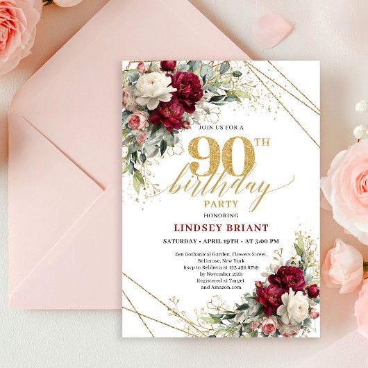 Invitation Romantic Deep Red Gold Floral 90th Birthday Invite
