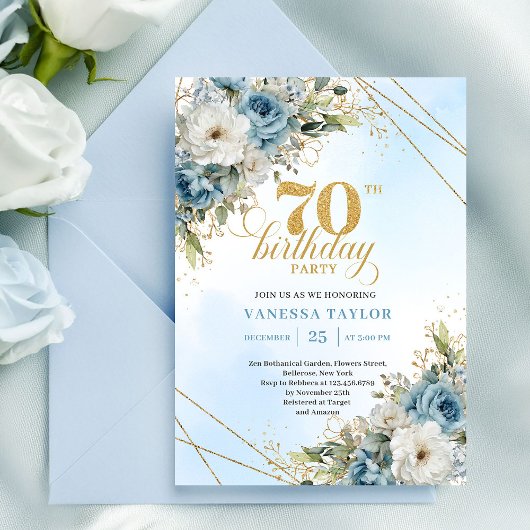 Invitation Romantic Dusty Blue 70th Birthday Invite