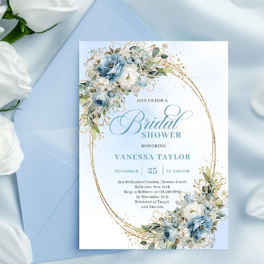 Invitation Romantic Dusty Blue Eucalyptus Gold Bridal Shower 