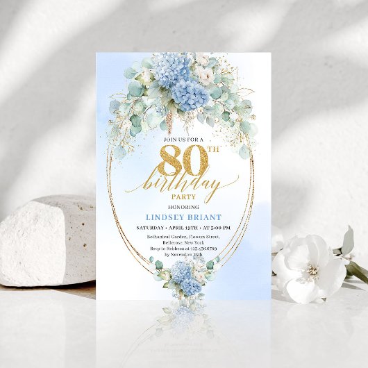 Invitation Romantic Dusty Blue Floral Gold 80th Birthday