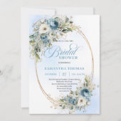 Invitation Romantic Dusty Blue Floral Gold Frame Bridal Showe (Devant)