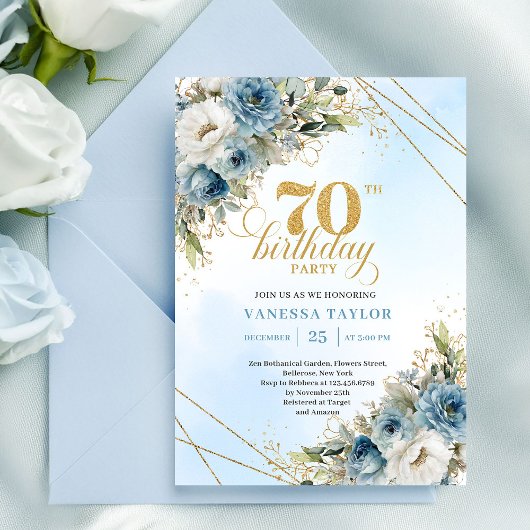 Invitation Romantic dusty blue florals gold frame 70 birthday